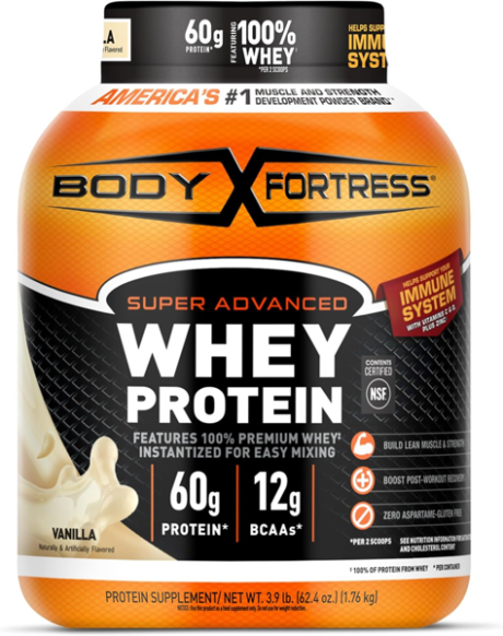 【Limited time sale】Body Fortress Super Advanced Whey Protein Powder, Vanilla, 60g Protein & 12g BCAAs Per 2 Scoops, Muscle Gain & Recovery, Immune Support with Vitamins C & D, 3.9lbs (Packaging May Vary)