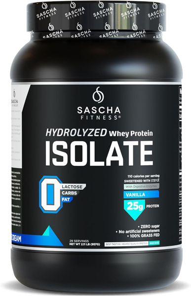 【Limited time sale】SASCHA FITNESS Hydrolyzed Whey Protein Isolate,100% Grass-Fed (2 Pounds, Vanilla)