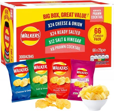 【New User Exclusive】£2.58 - Walkers Crisps Variety Box | Pack of 66 x 25g - Big Box | Cheese & Onion, Ready Salted, Salt & Vinegar, Prawn Cocktail